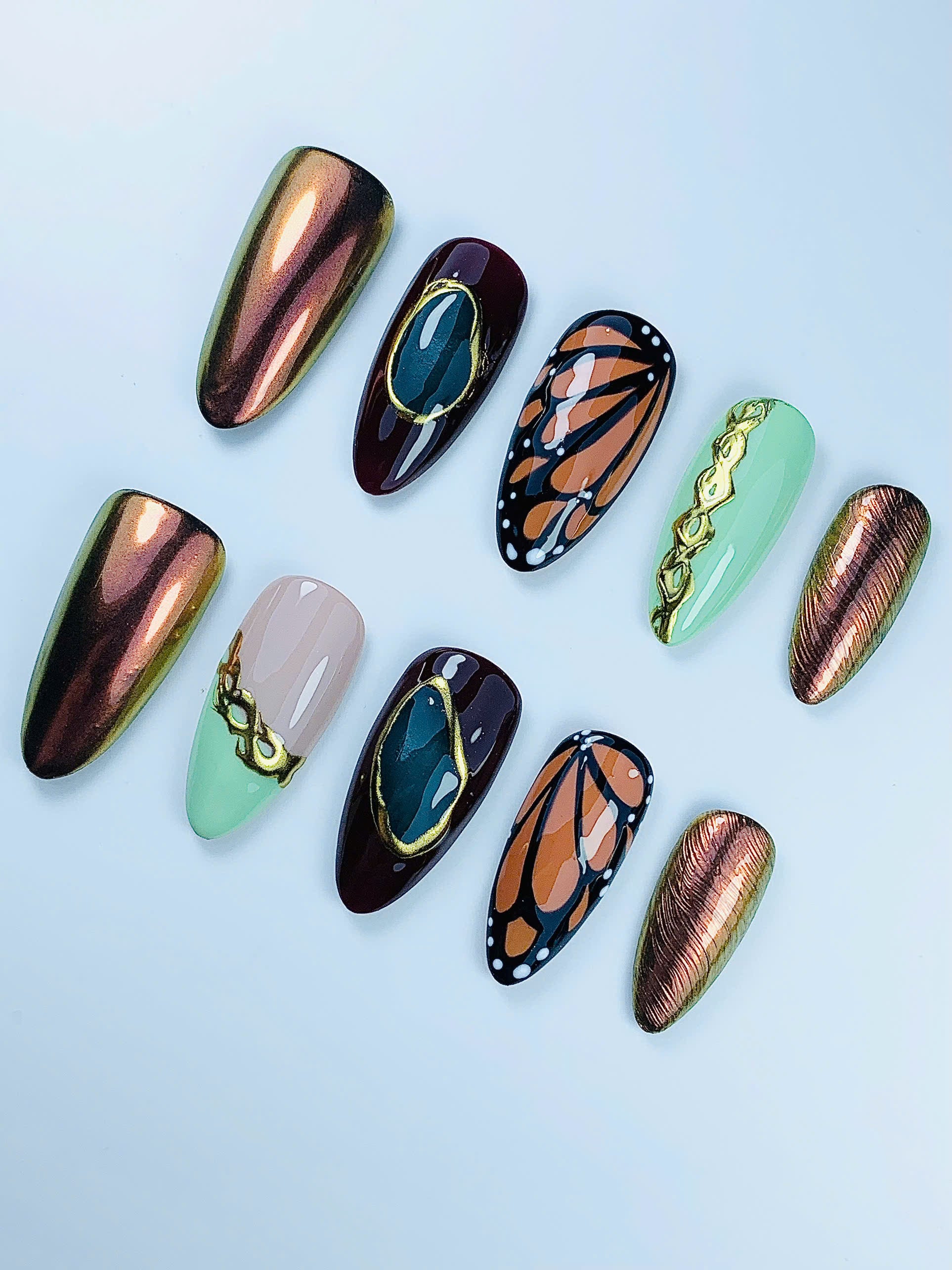 Monarch Butterfly Chrome Design Press On Nail Set