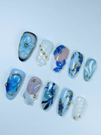 Elegant Blue Floral Pearl Press On Nail Set