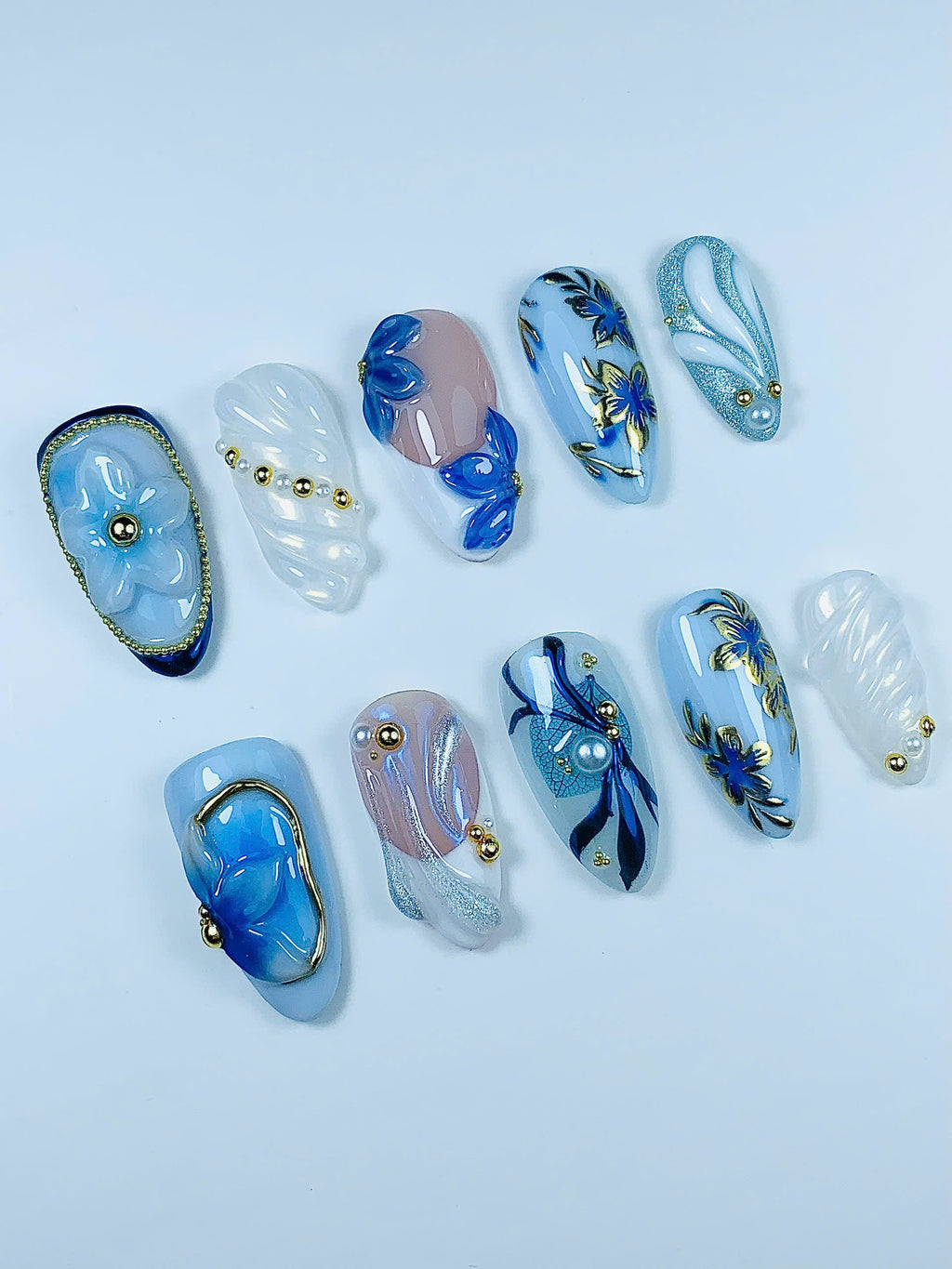 Elegant Blue Floral Pearl Press On Nail Set
