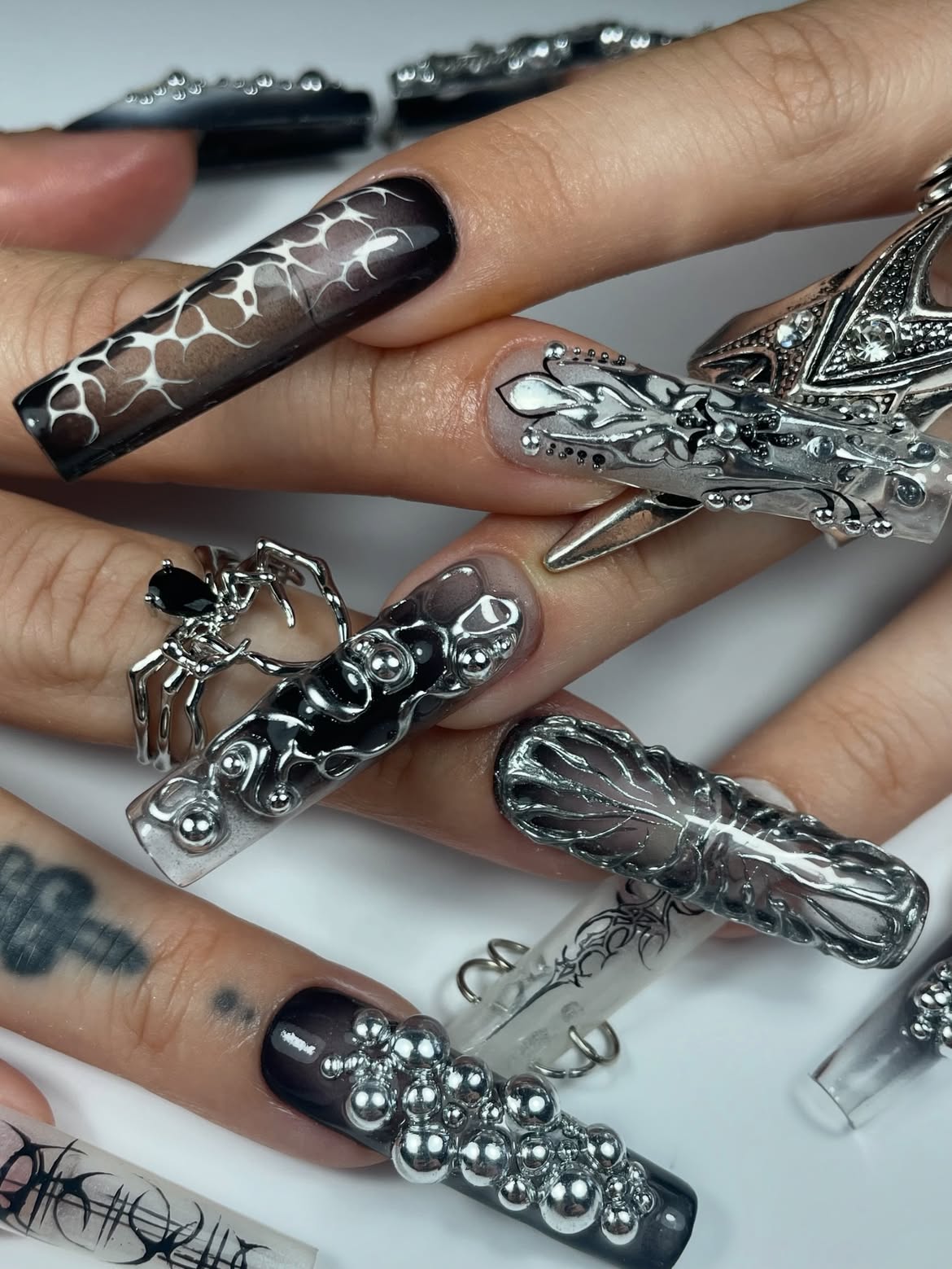 Dark Gothic Chrome Silver Handmade Press On Nails