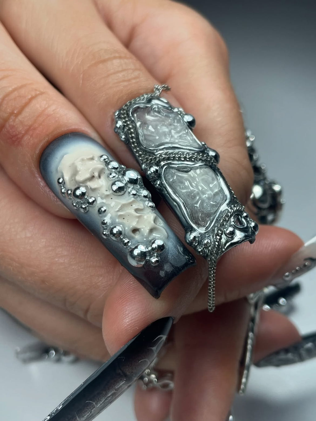 Dark Gothic Chrome Silver Handmade Press On Nails