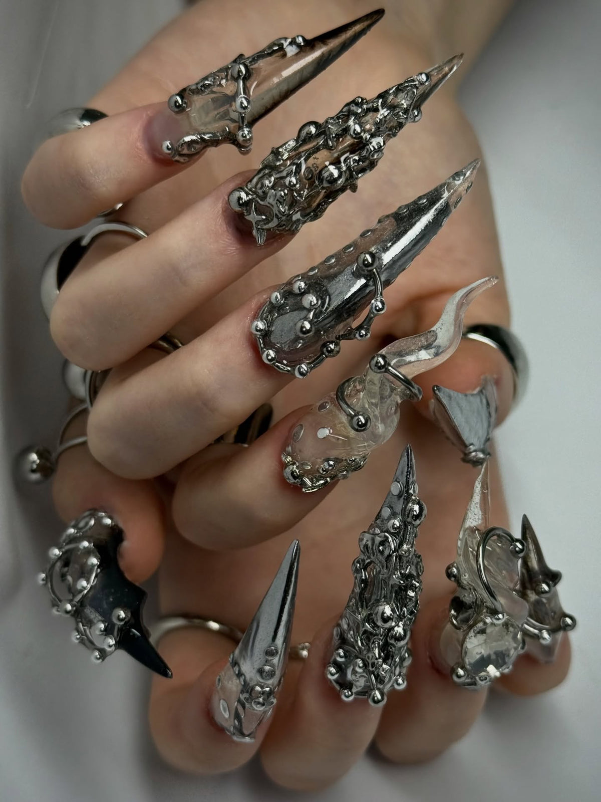 Dark Gothic Chrome Silver Handmade Press On Nails