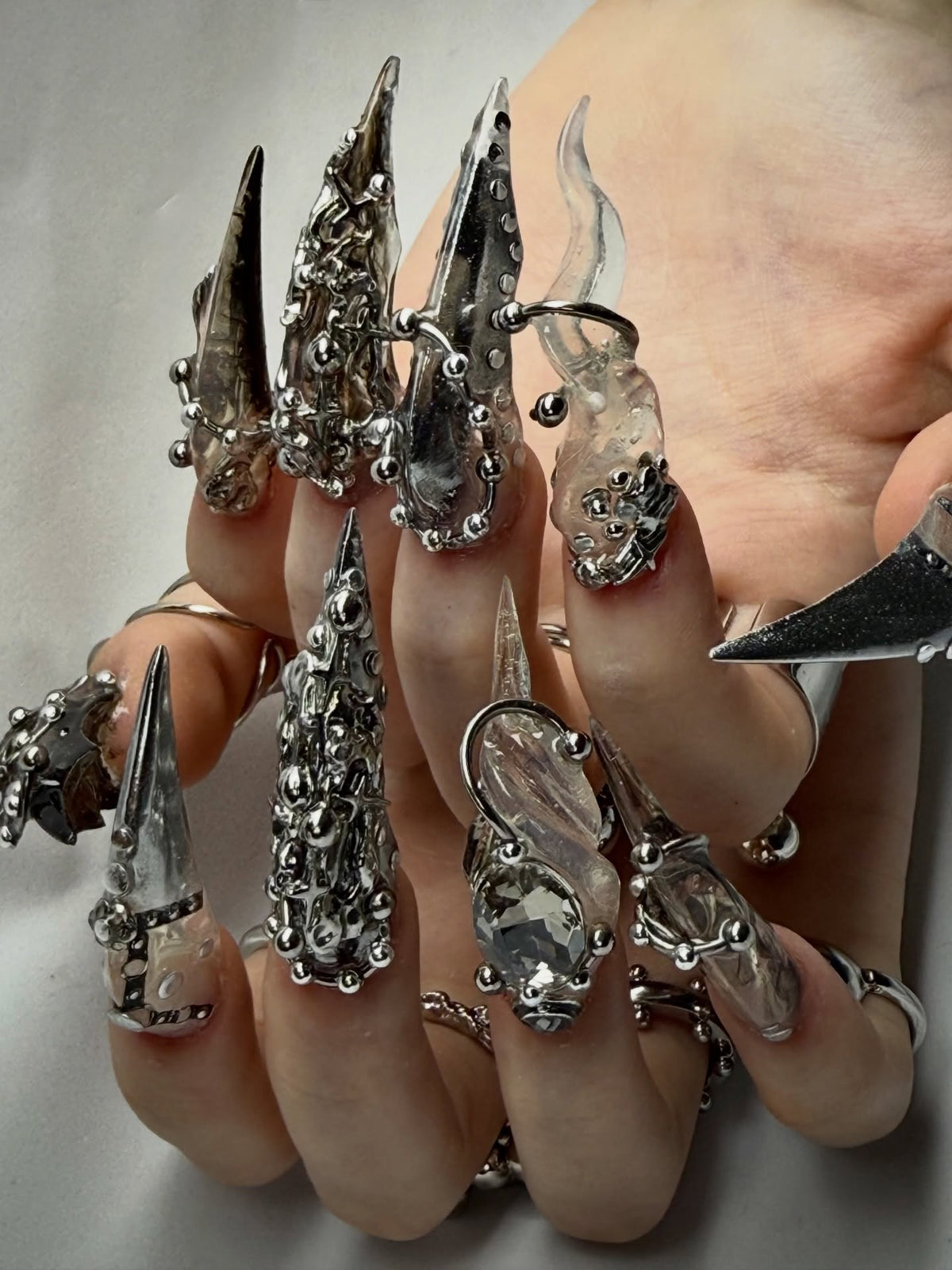 Dark Gothic Chrome Silver Handmade Press On Nails
