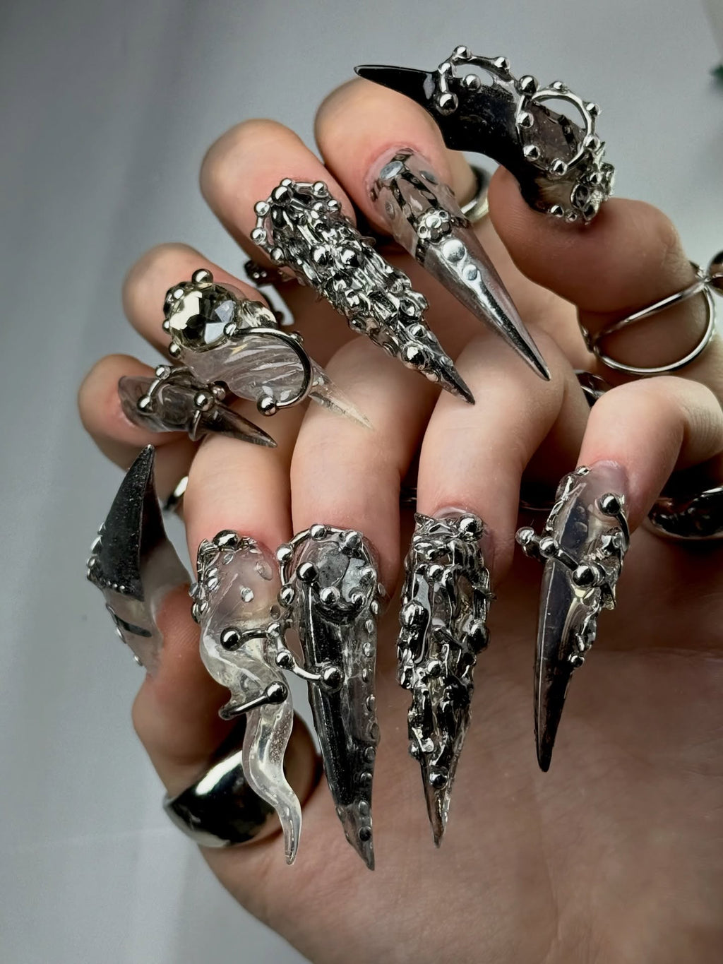 Dark Gothic Chrome Silver Handmade Press On Nails