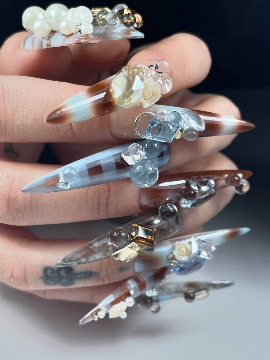Chocolate Ombre Pearl 3D Handmade Press On Nails