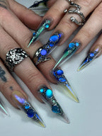 Cyber Chrome Blue Gemstone Handmade Press On Nails