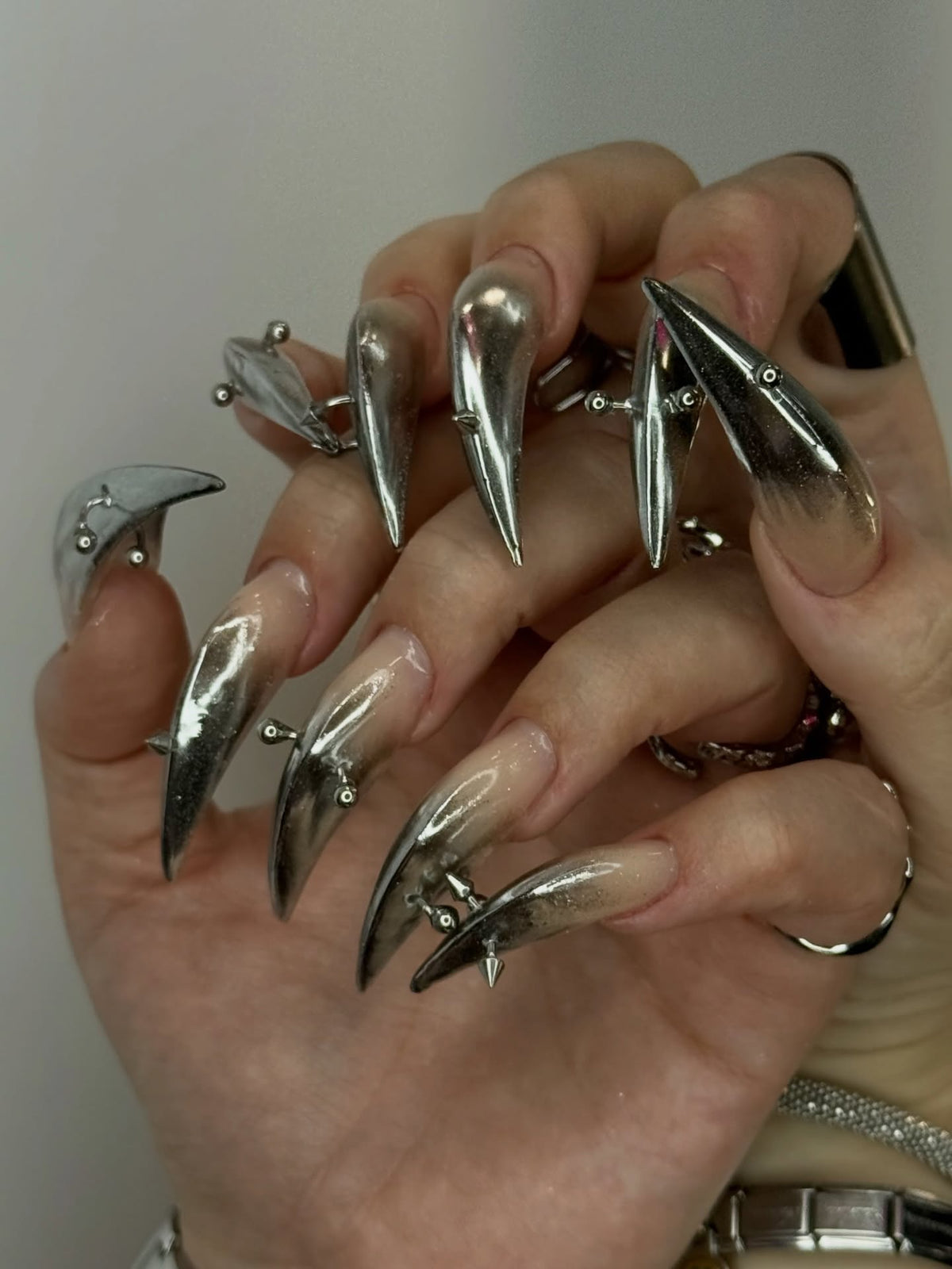 Silver Chrome Gothic Metallic Handmade Press On Nails