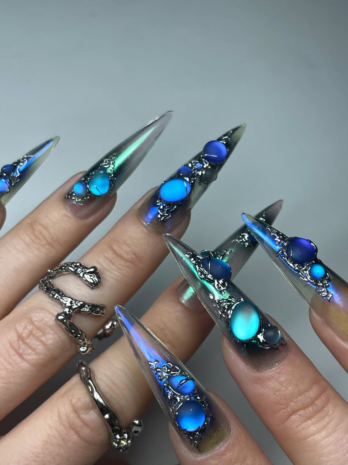 Cyber Chrome Blue Gemstone Handmade Press On Nails