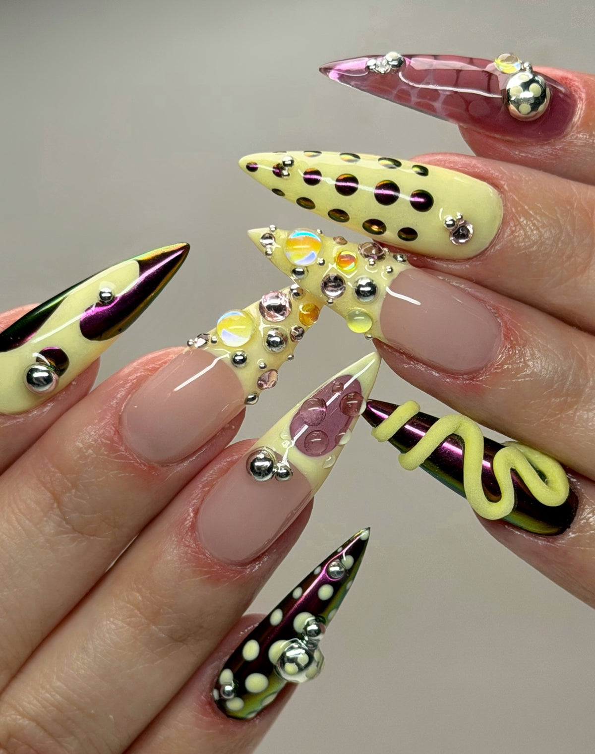 Y2K Neon Chrome Polka Dot Handmade Press On Nails