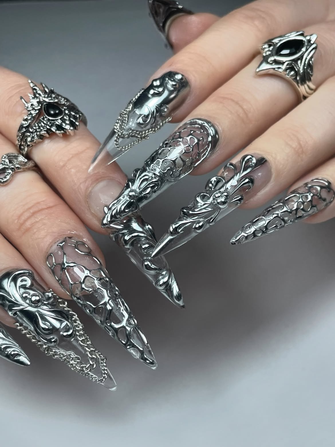 Silver Chrome 3D Gothic Baroque Stiletto Press On Nails