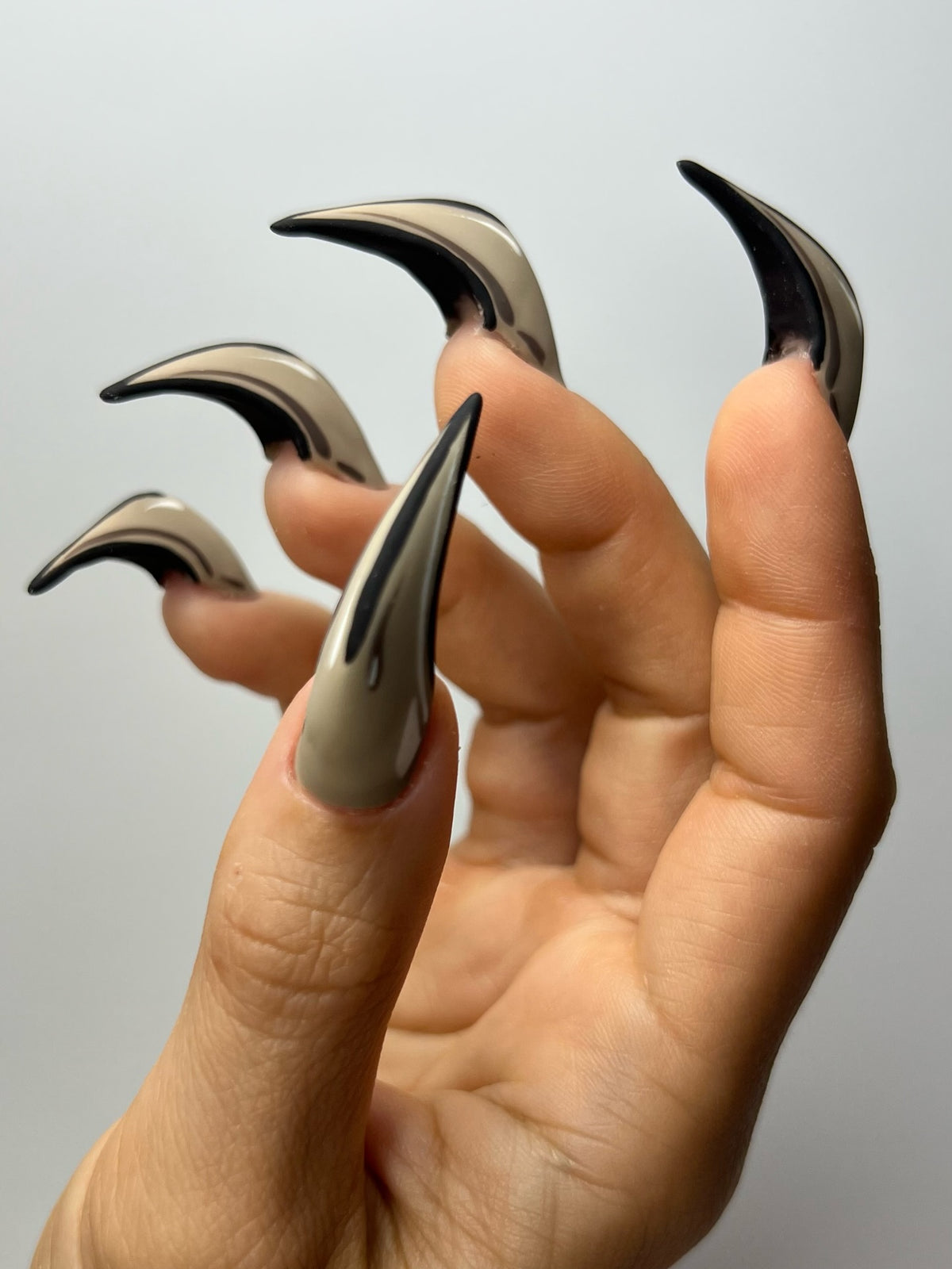 Gothic Taupe Black Curved Stiletto Press On Nails