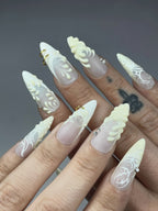 3D Sculpted Ivory Stiletto Gold Ring Press On Nails
