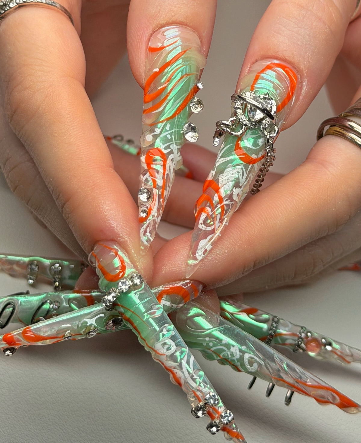 Cyberpunk Chrome Orange Swirl Handmade Press On Nails