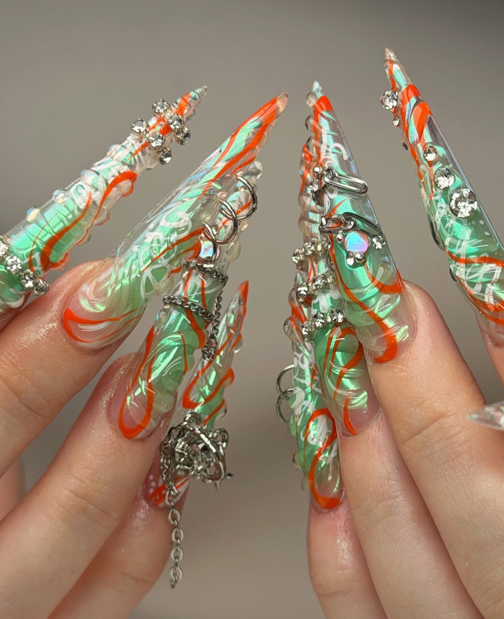 Cyberpunk Chrome Orange Swirl Handmade Press On Nails