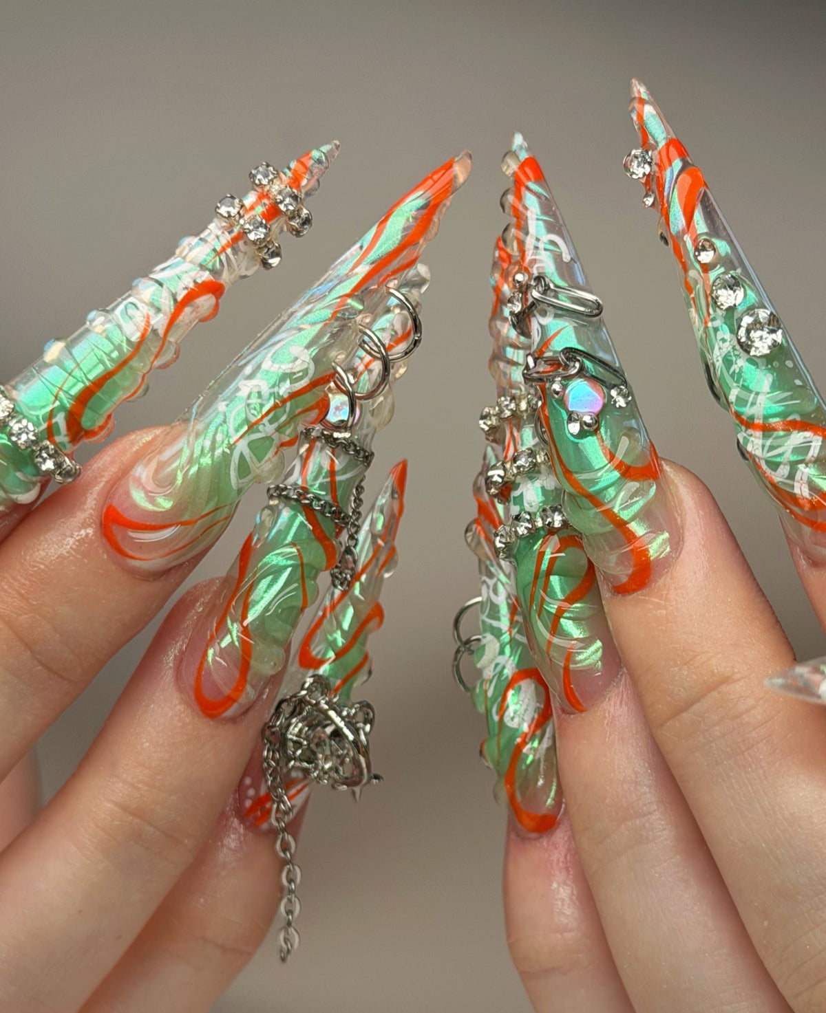 Cyberpunk Chrome Orange Swirl Handmade Press On Nails