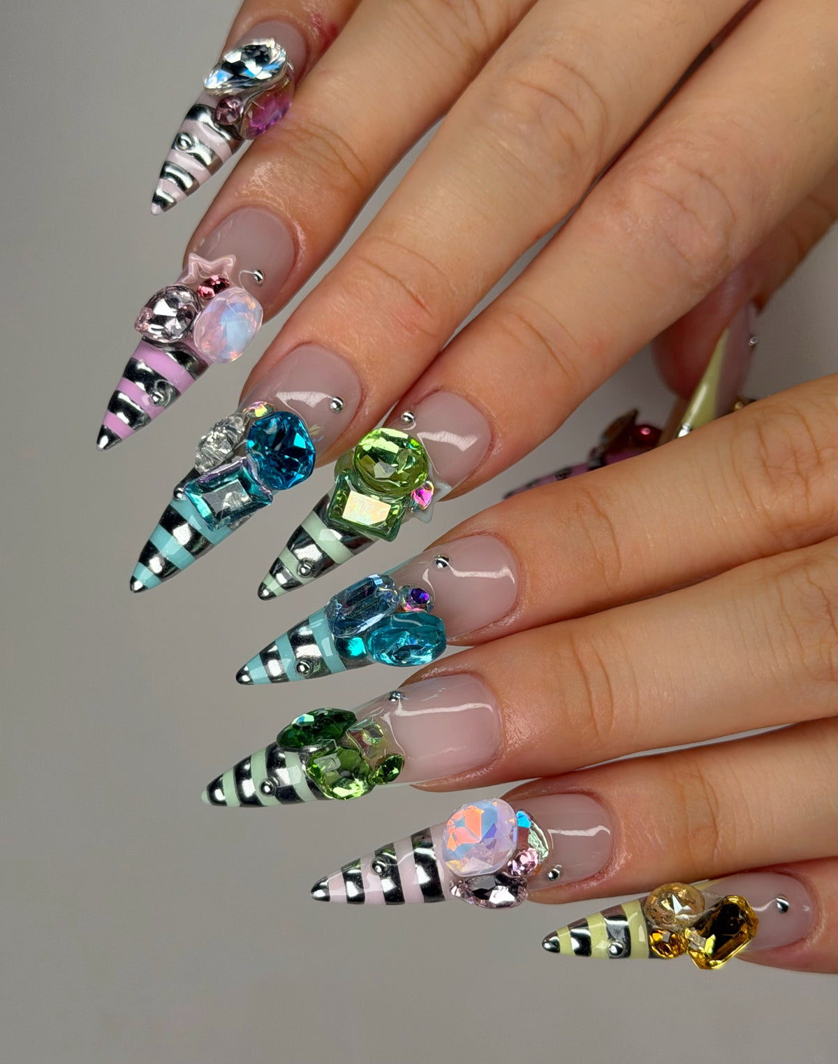Y2K Chrome Striped Gemstone Handmade Press On Nails