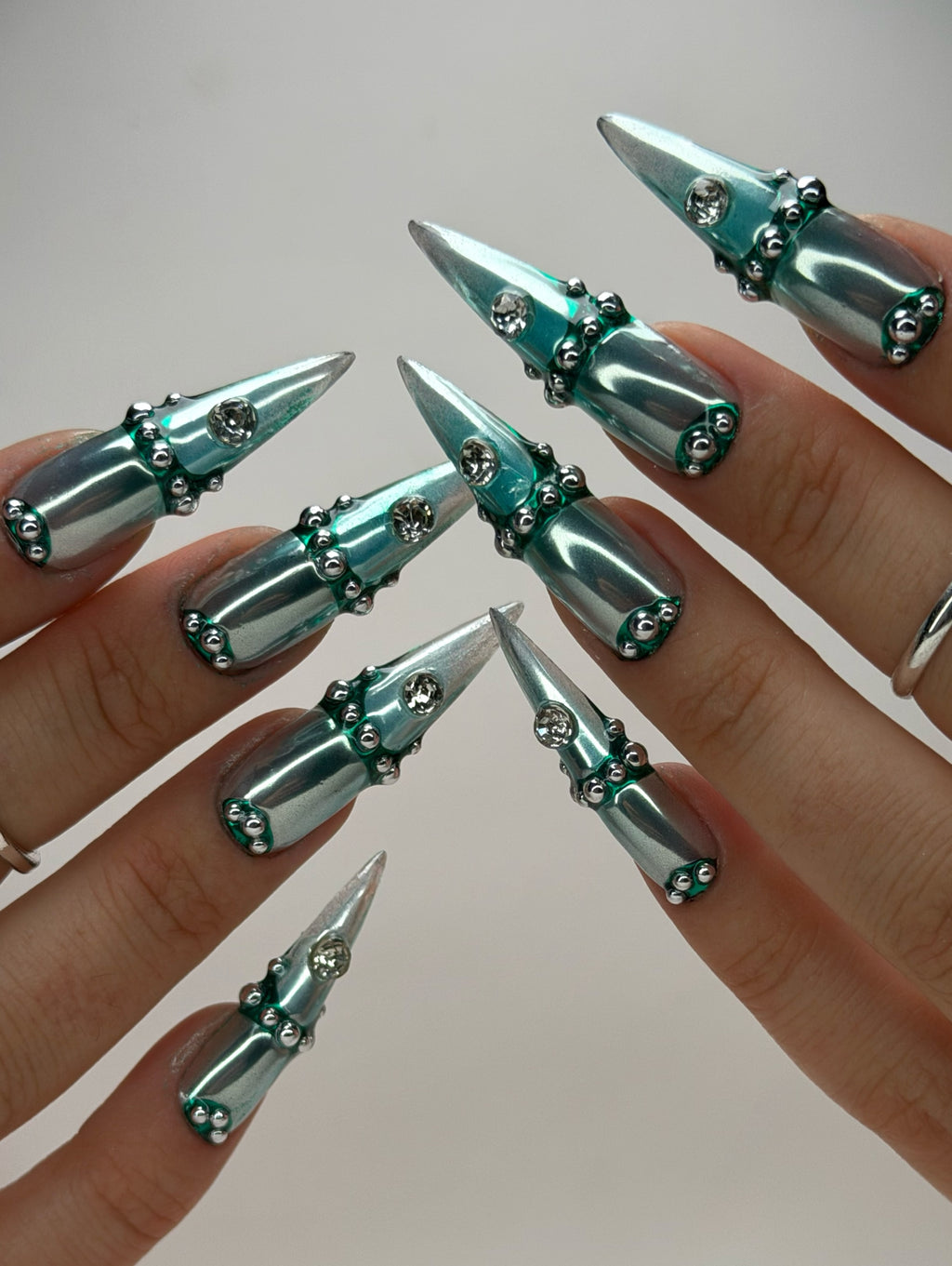 Futuristic Silver Teal Chrome Stiletto Press On Nails