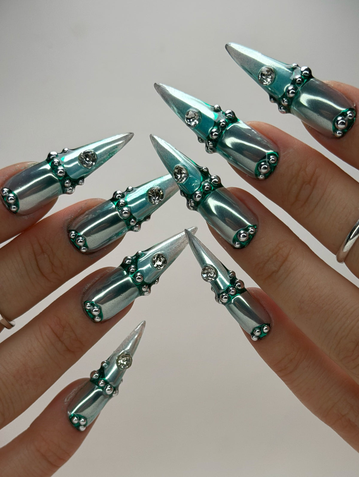 Futuristic Silver Teal Chrome Stiletto Press On Nails