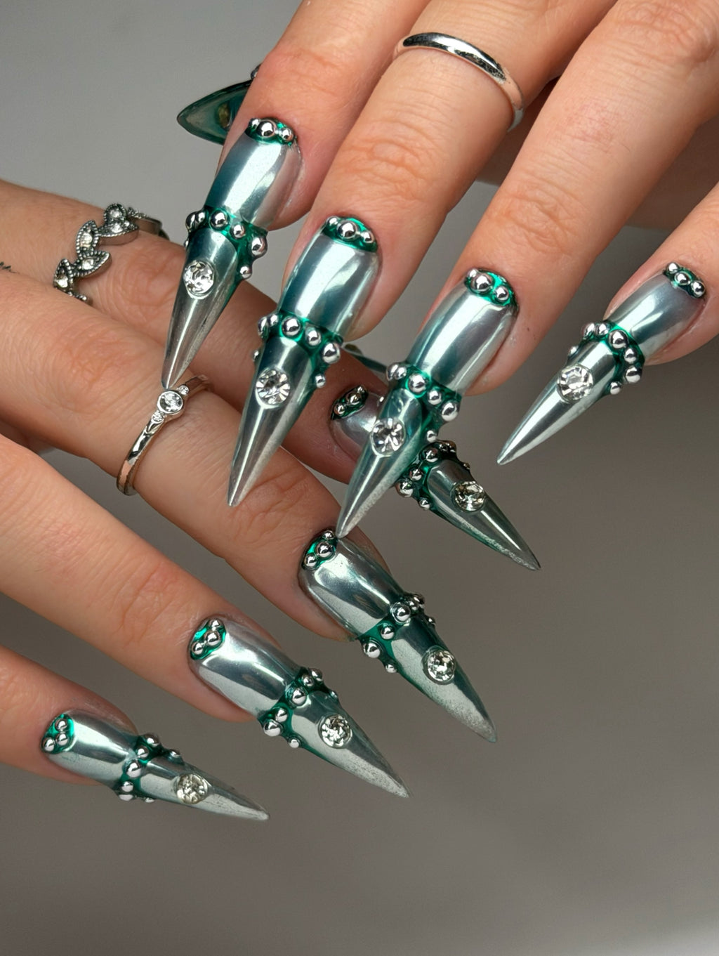 Futuristic Silver Teal Chrome Stiletto Press On Nails