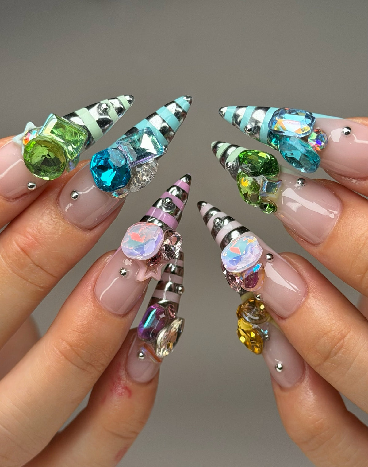 Y2K Chrome Striped Gemstone Handmade Press On Nails