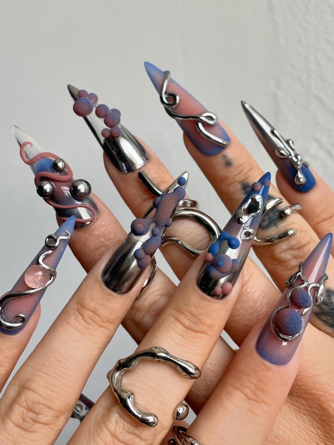 Blue Chrome 3D Metallic Stiletto Press On Nails