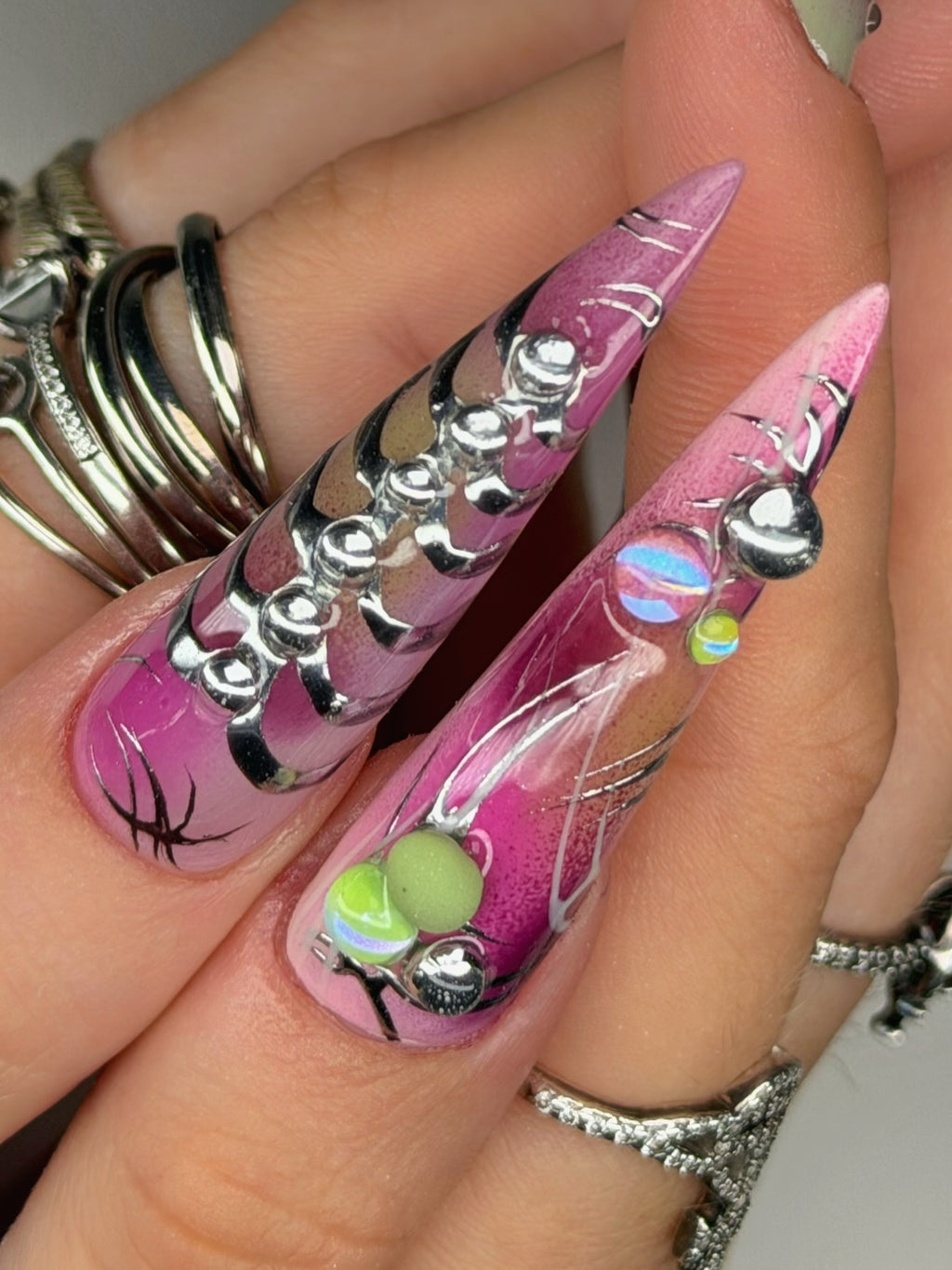 Futuristic Pink Chrome Sculptural Press On Nails