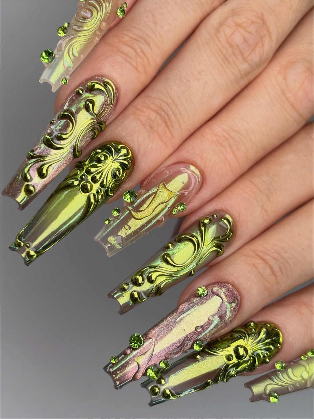 Olive Gold Baroque Sculpted Chrome Press On Nails