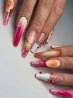 Pink Orange 3D Rhinestone Jelly Ombre Square Press On Nails