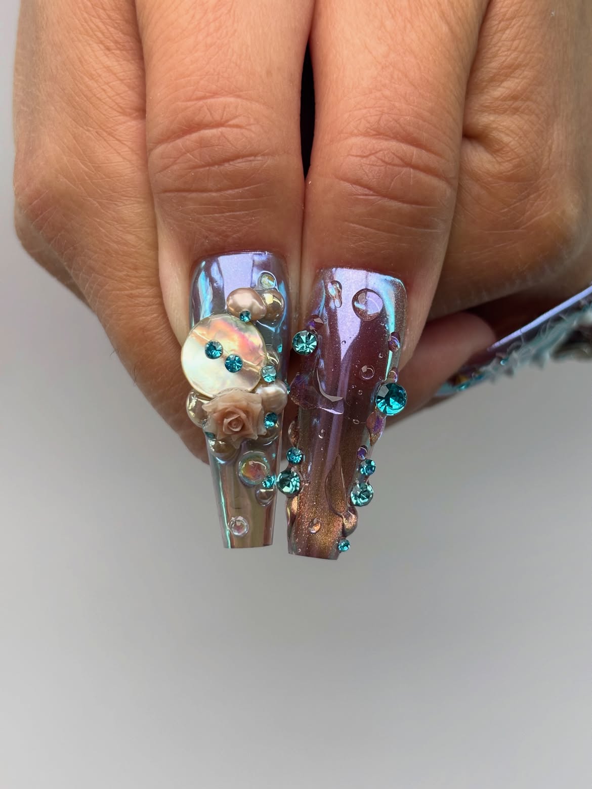 Blue Iridescent 3D Rhinestone Pearl Coquette Press On Nails