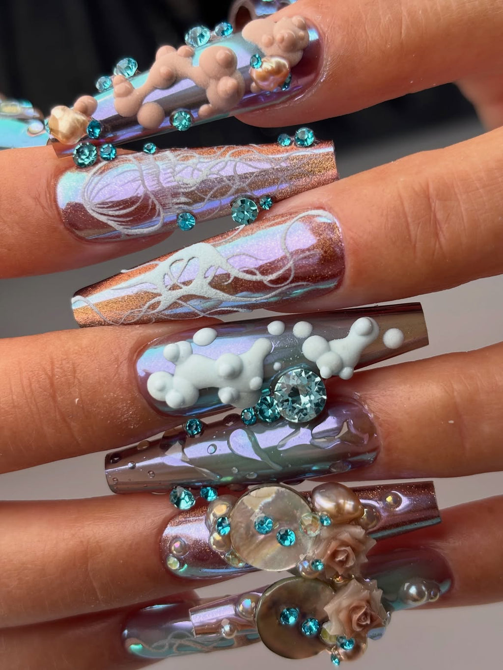 Blue Iridescent 3D Rhinestone Pearl Coquette Press On Nails