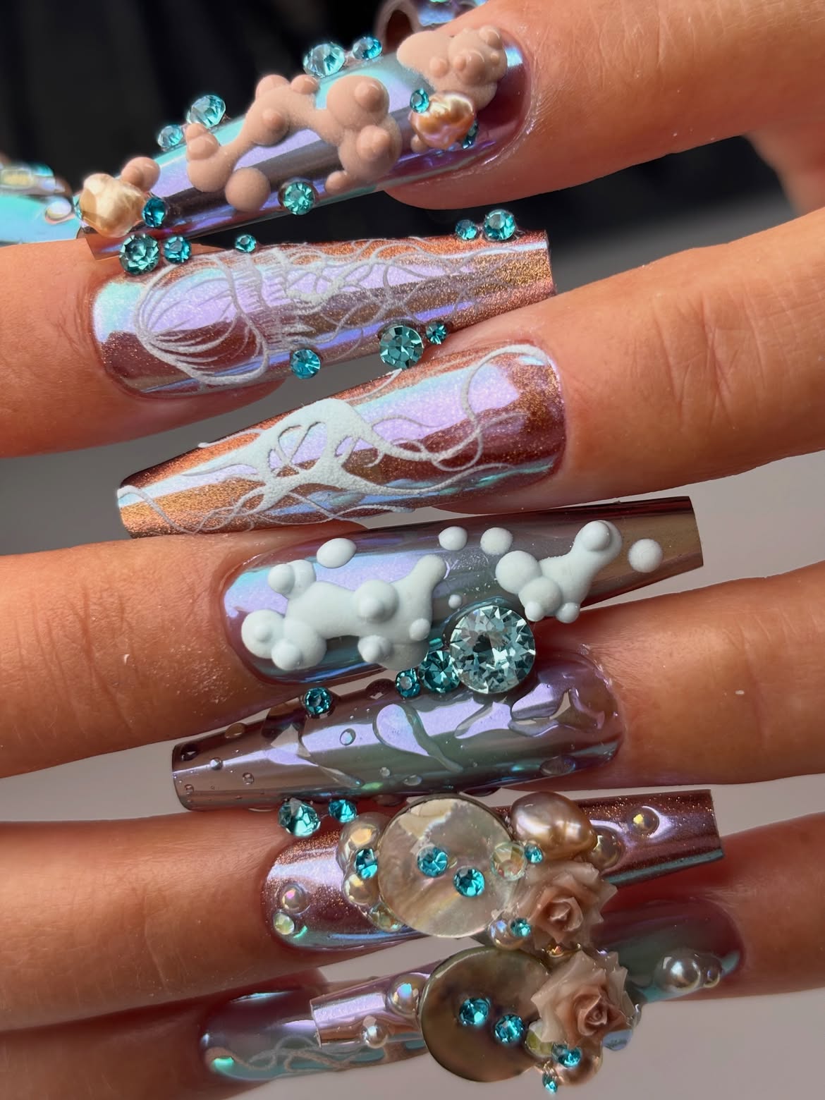 Blue Iridescent 3D Rhinestone Pearl Coquette Press On Nails