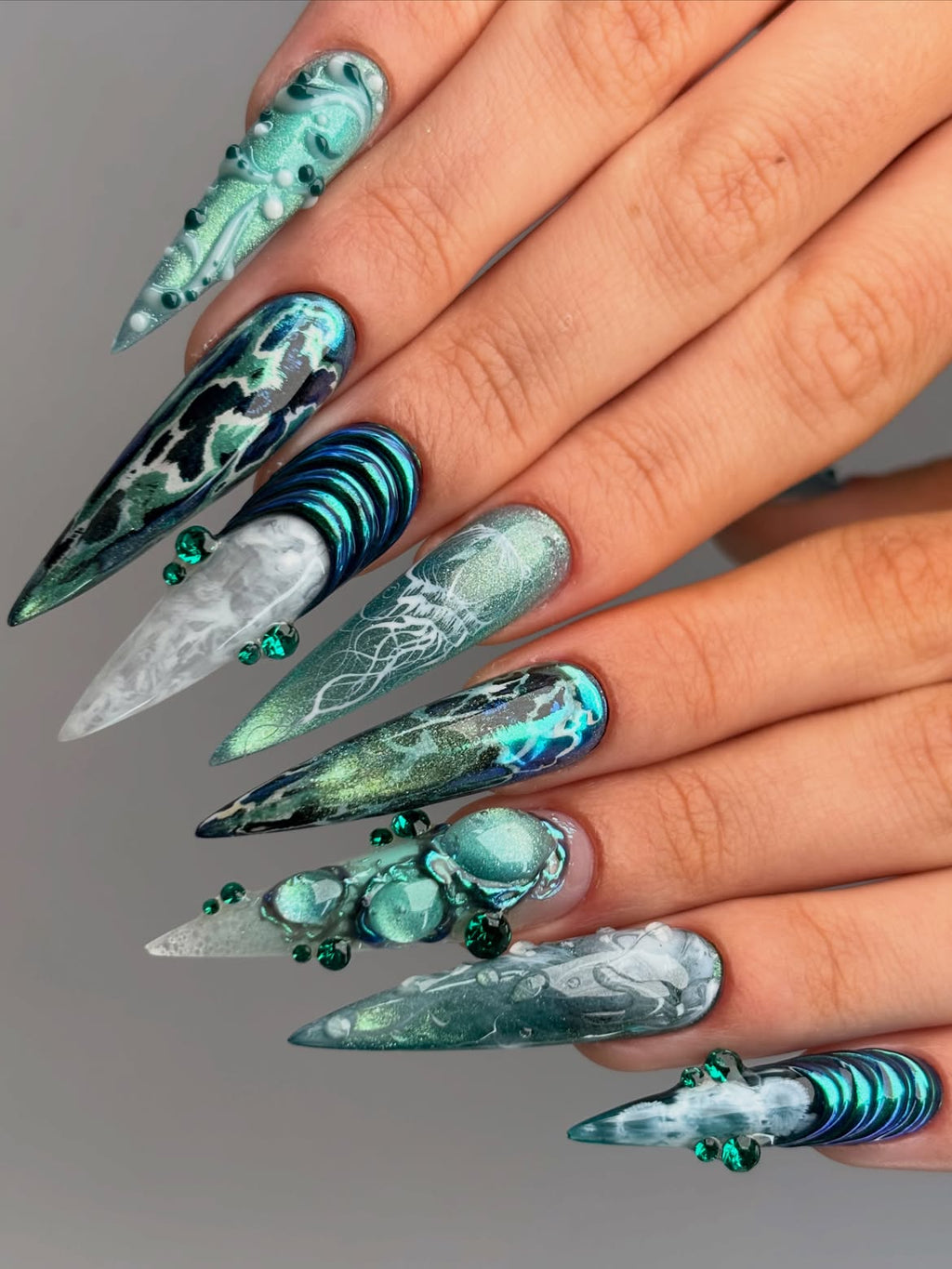 Dark Mermaid Chrome Teal Handmade Press On Nails