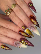 Amber Tortoiseshell Burgundy Gold Handmade Press On Nails