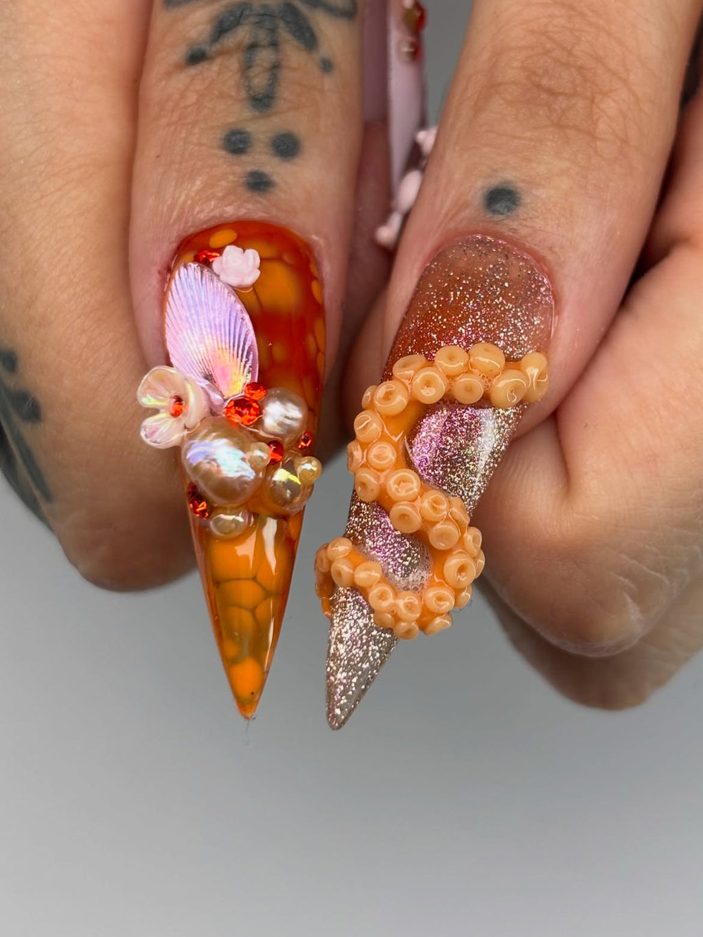 Mermaidcore Seashell Orange Gold Handmade Press On Nails