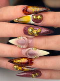Amber Tortoiseshell Burgundy Gold Handmade Press On Nails