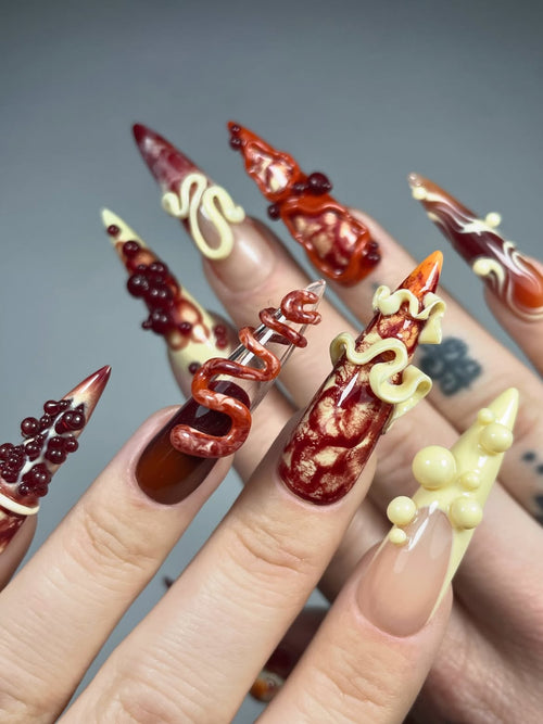 Baroque Burgundy Sculpted 3D Handmade Press On Nails