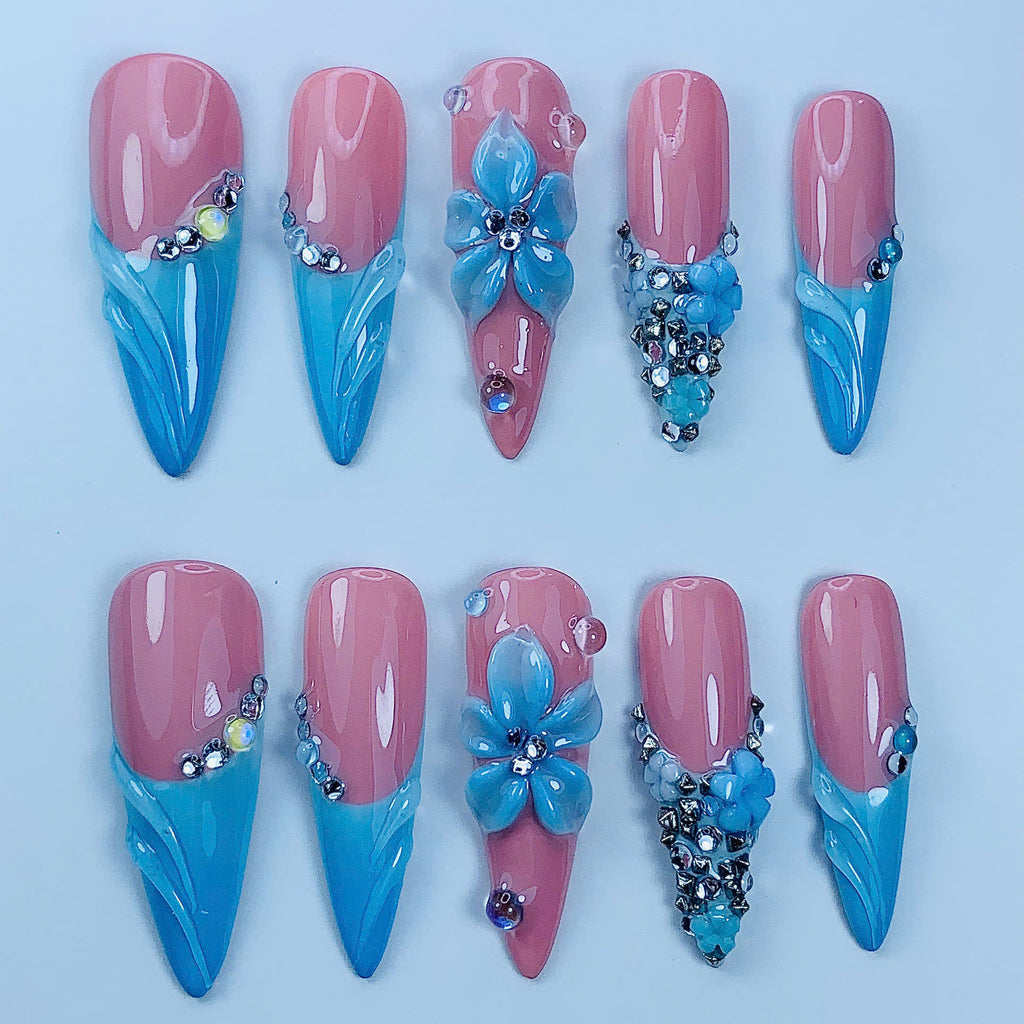 Blue Blossom Stiletto Press On Nails Handmade Floral Art Set