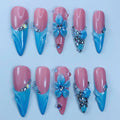 Blue Blossom Stiletto Press On Nails Handmade Floral Art Set
