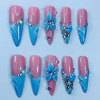 Blue Blossom Stiletto Press On Nails Handmade Floral Art Set