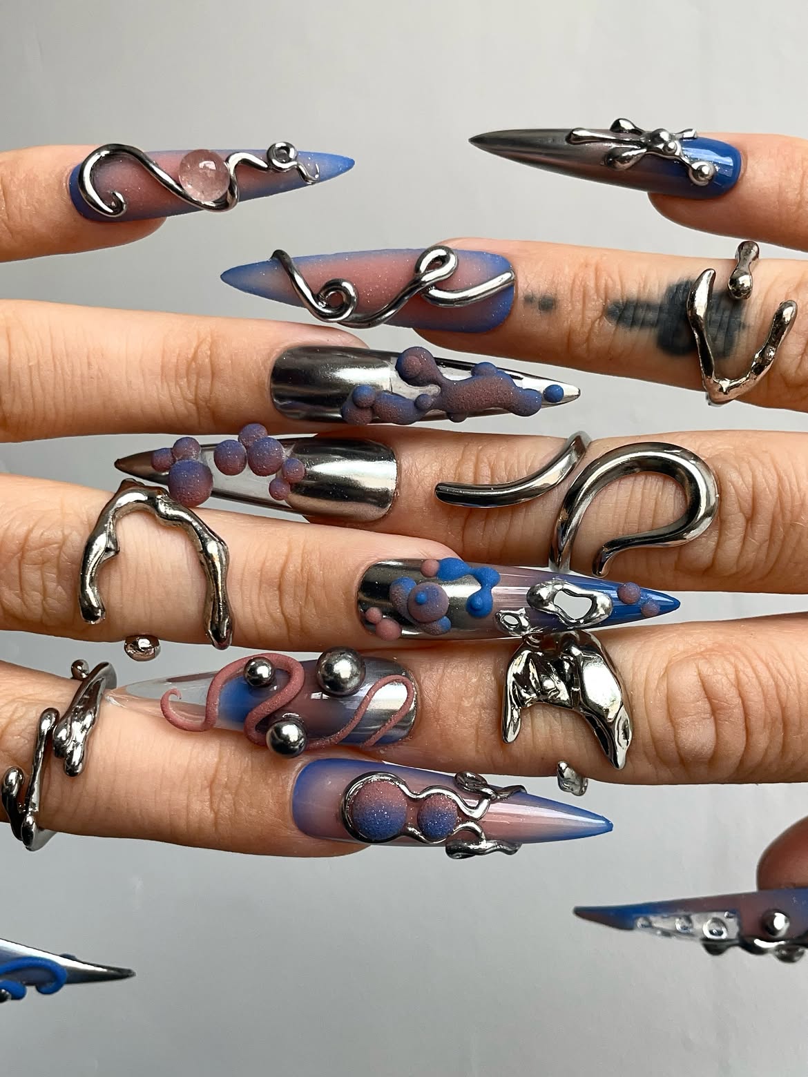 Blue Chrome 3D Metallic Stiletto Press On Nails