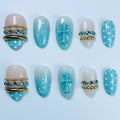 Blue Cross Polka Dot Press On Nail Set Handmade Christian Luxury Design