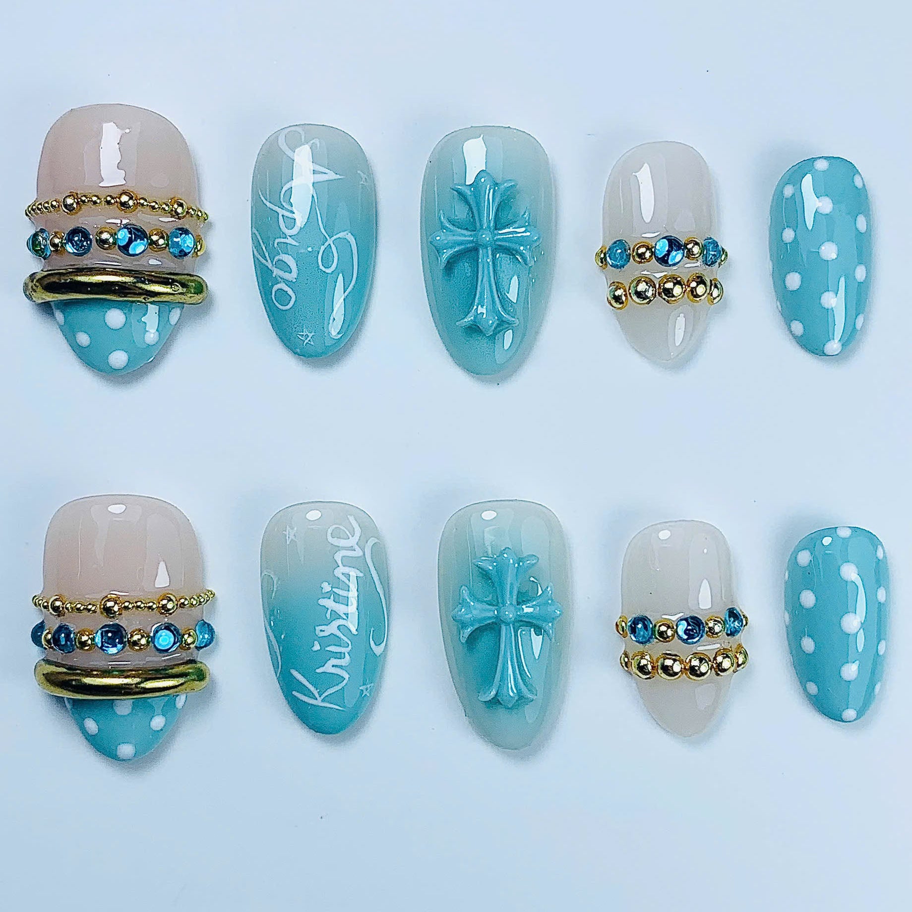 Blue Cross Polka Dot Press On Nail Set Handmade Christian Luxury Design