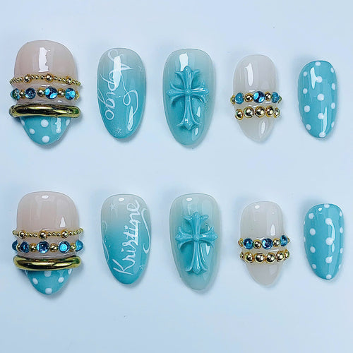 Blue Cross Polka Dot Press On Nail Set Handmade Christian Luxury Design