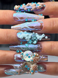 Blue Iridescent 3D Rhinestone Pearl Coquette Press On Nails