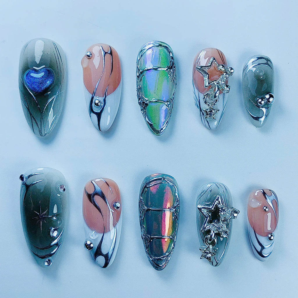Celestial Chrome Star Press On Nail Set Handmade Futuristic Art Design