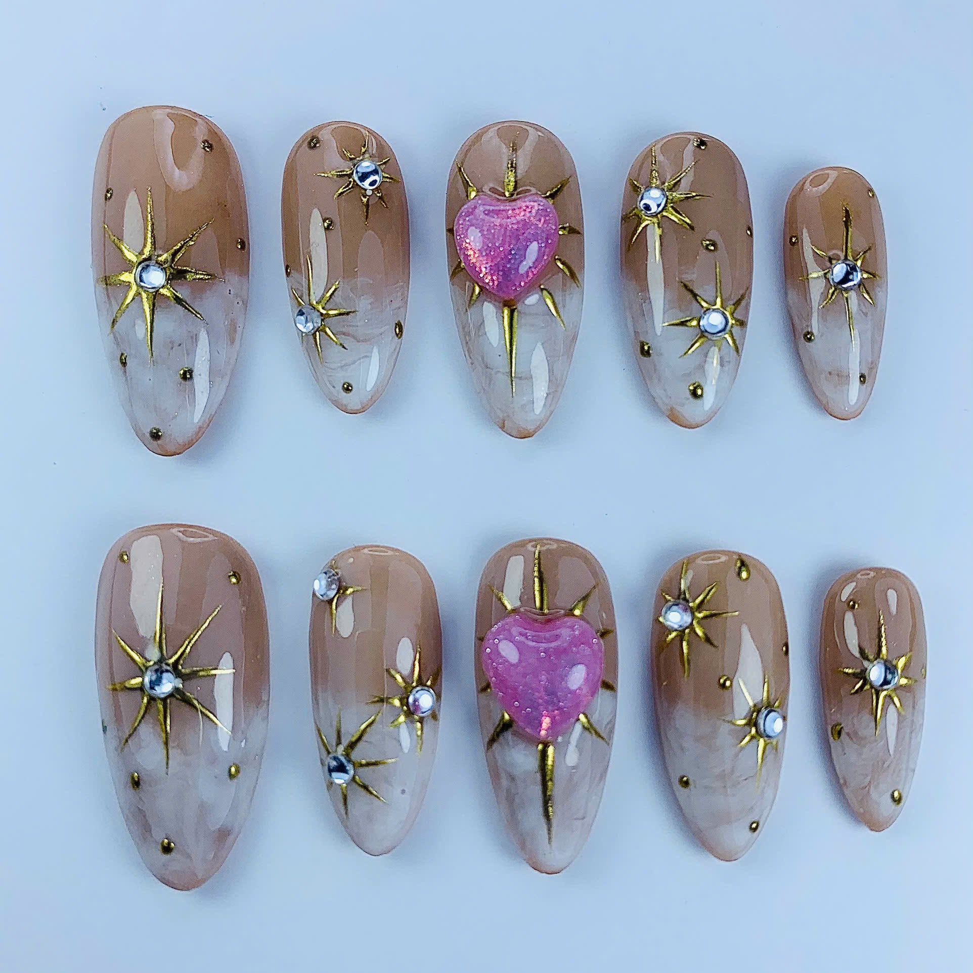 Celestial Heart Almond Press On Nails Gold Star Charm Set