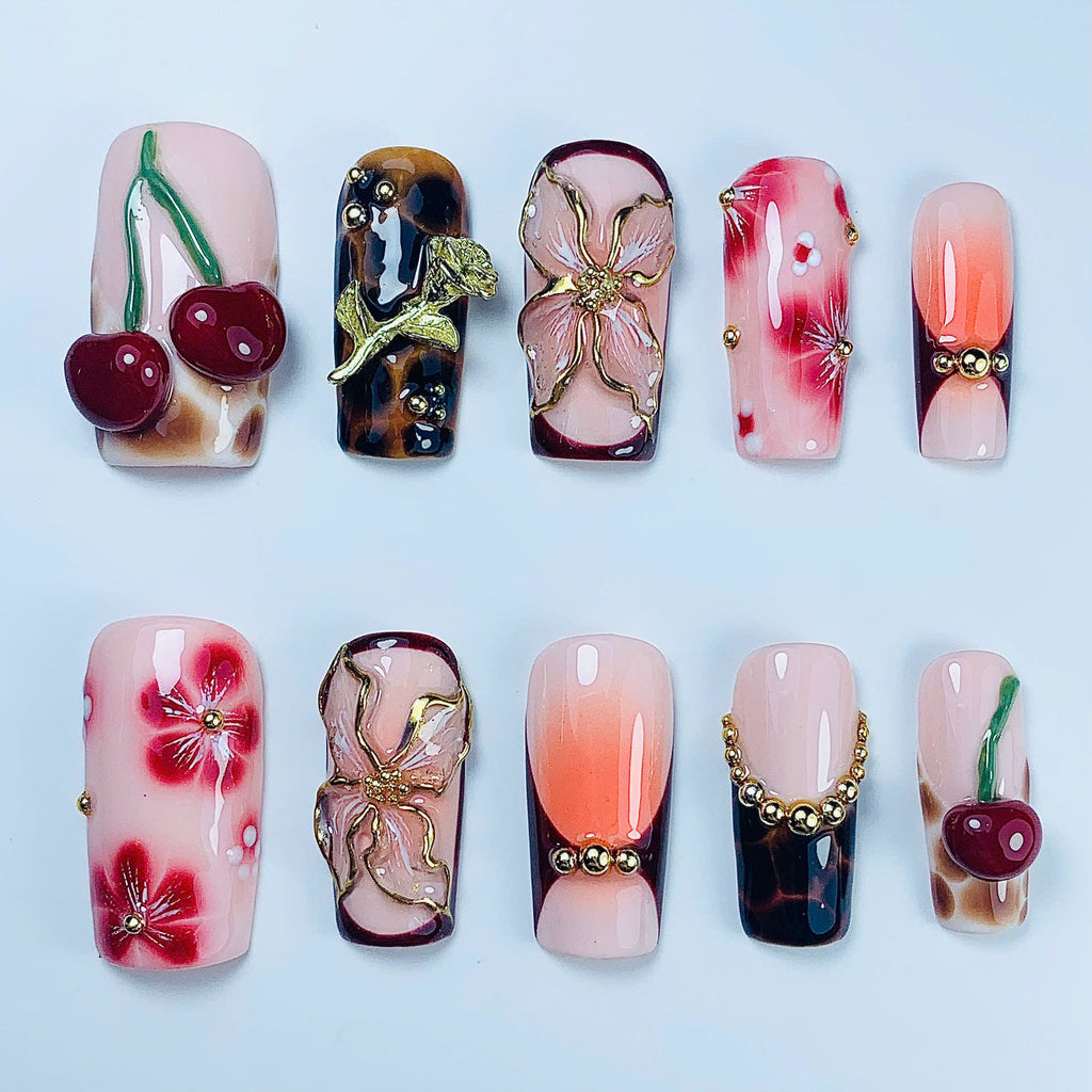 Cherry Blossom Floral Press On Nail Set Handmade Elegant Fruit Design