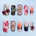 Cherry Blossom Floral Press On Nail Set Handmade Elegant Fruit Design