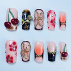 Cherry Blossom Floral Press On Nail Set Handmade Elegant Fruit Design