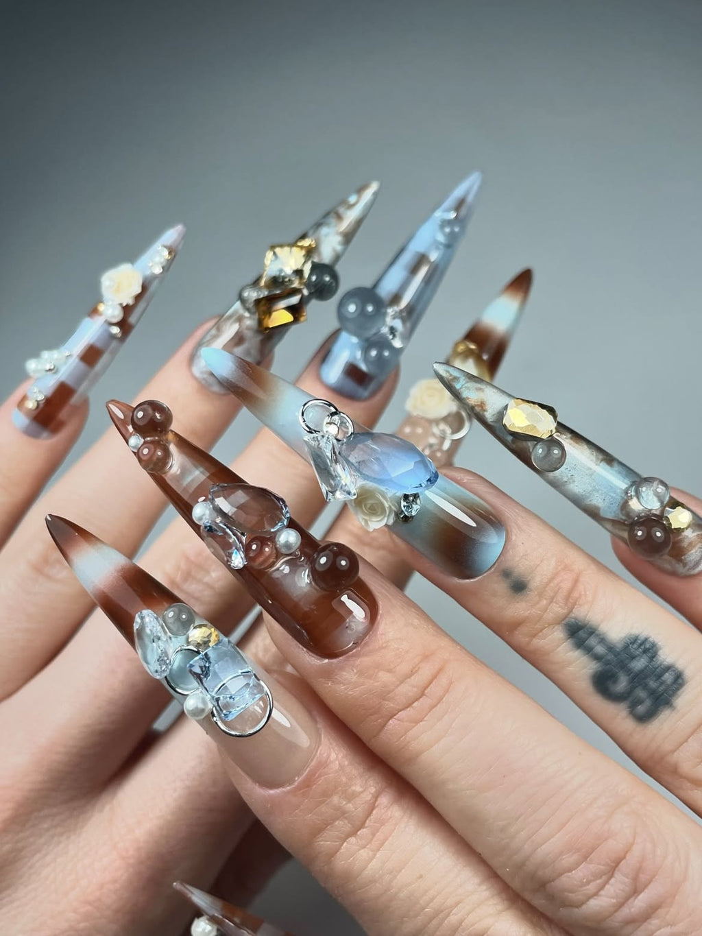 Chocolate Ombre Pearl 3D Handmade Press On Nails